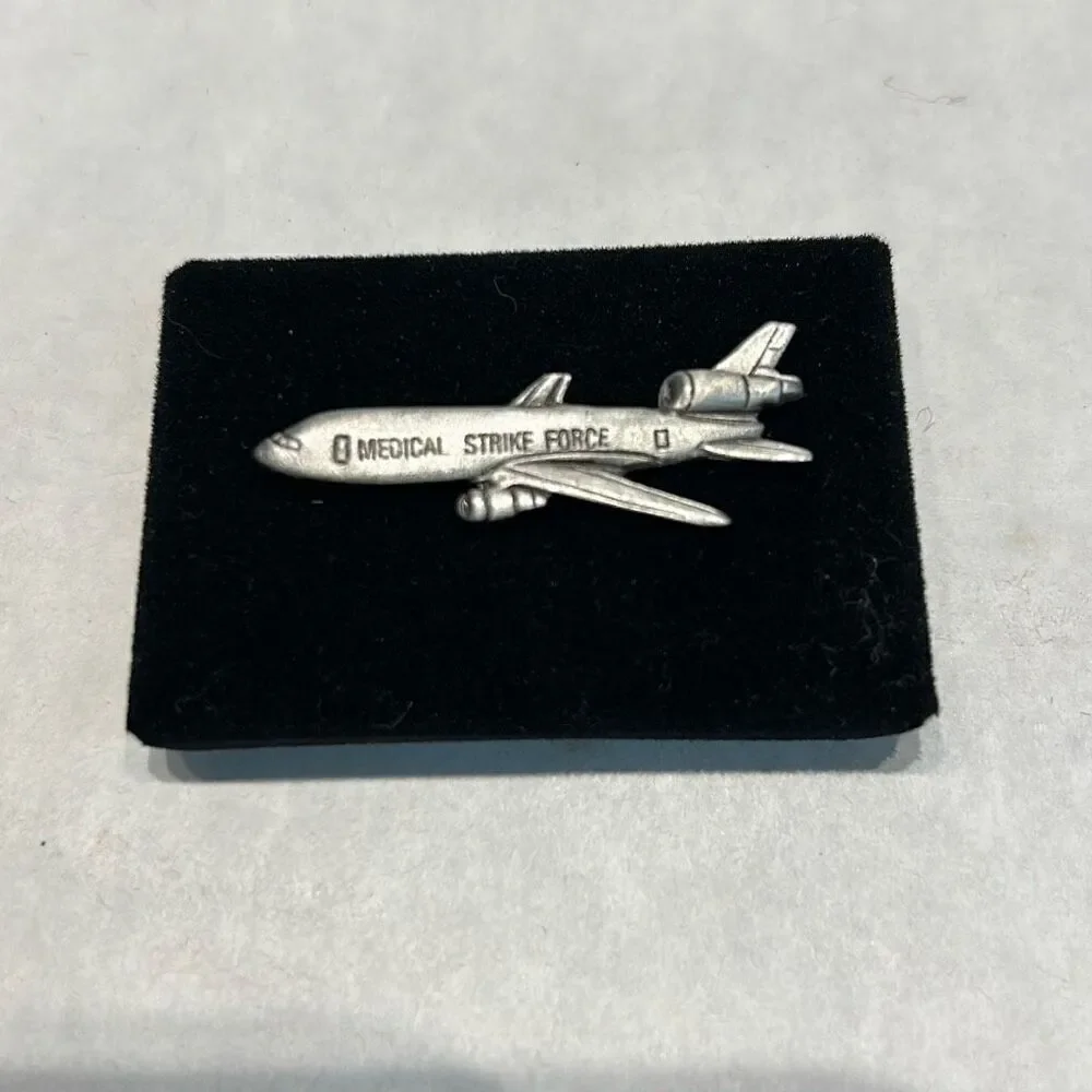 Vtg Airplane Medical Strike Force Lapel Pin DC-10 Silver Tone Jet Clutch Back